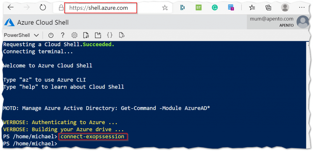 Azure Cloud Shell using Exchange Online Module
