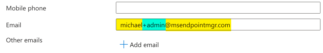 Email address field in the contact information blade showing plus addressing