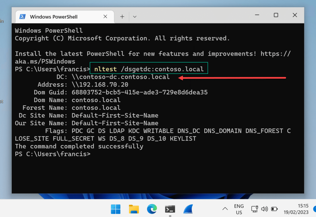 nltest command output showing Domain Controller locator results