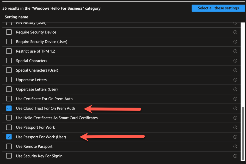 Settings Catalog showing Use Cloud Trust For On Prem Auth and Use Passport for Work settings