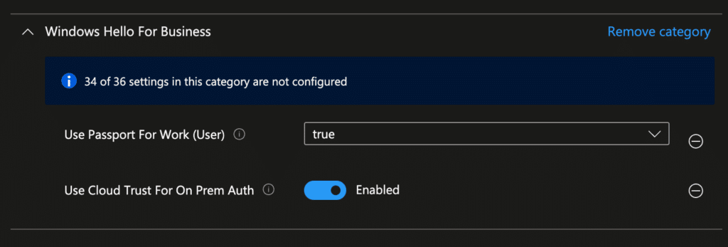 Intune Settings Catalog with Use Cloud Trust and Use Passport for Work enabled