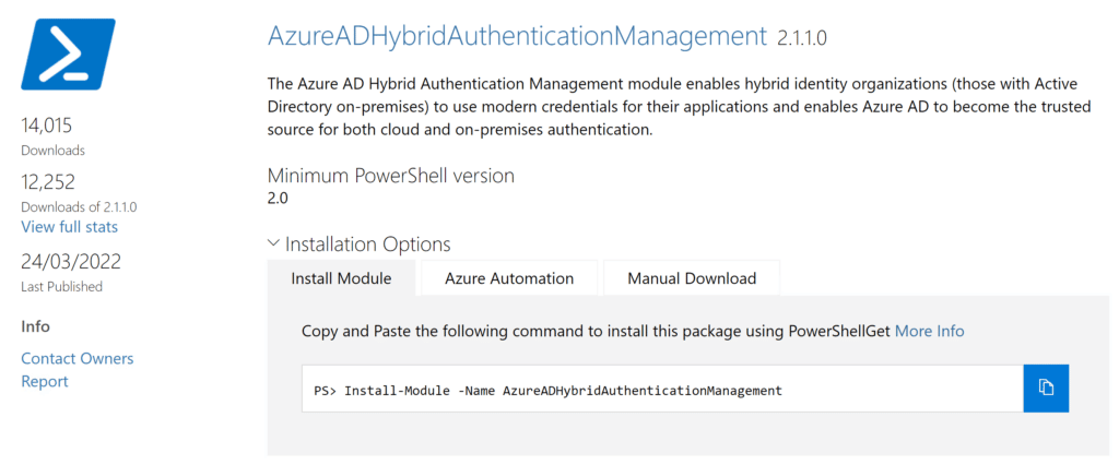PowerShell Gallery install command for AzureADHybridAuthenticationManagement module