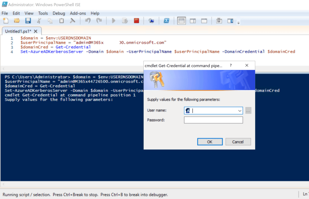 Set-AzureADKerberosServer command execution and output