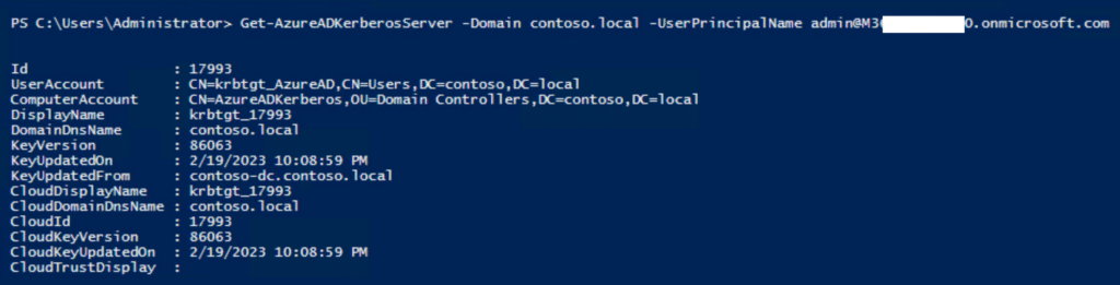 Get-AzureADKerberosServer output showing RODC object properties