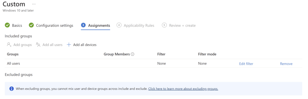 Intune profile assignments showing group targeting options