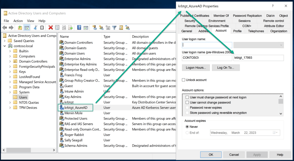 Disabled krbtgt user account created for Entra Kerberos in Active Directory Users and Computers