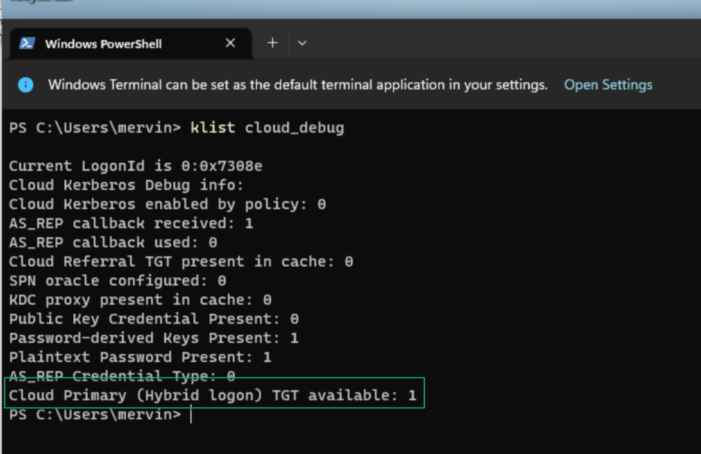 klist cloud_debug output showing Cloud Primary TGT with partial TGT details