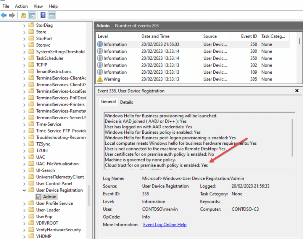 Windows Event Viewer showing WHfB Cloud Trust policy applied successfully with Event ID 358