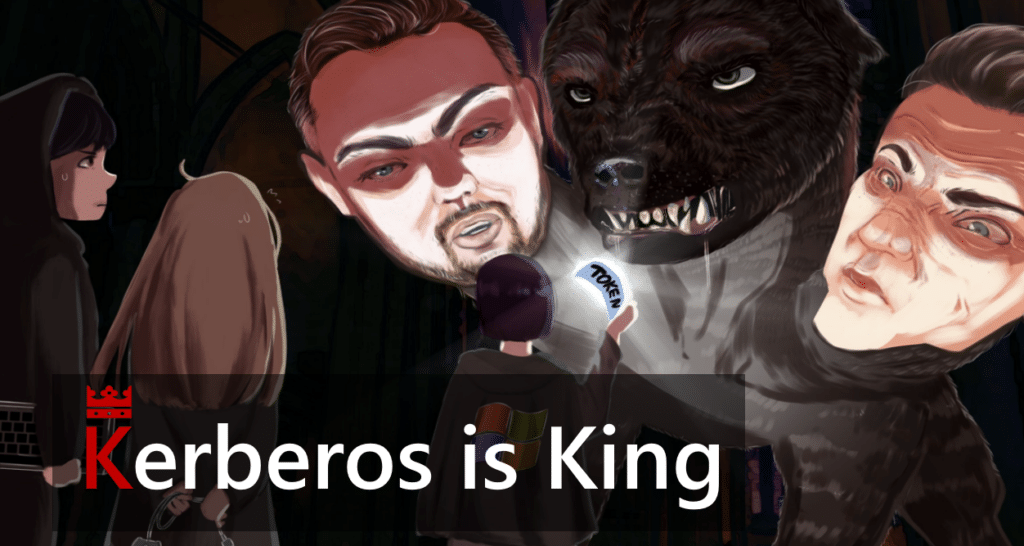 Illustration of Michael, Ben and Fluffy the dog as the three heads of Kerberos