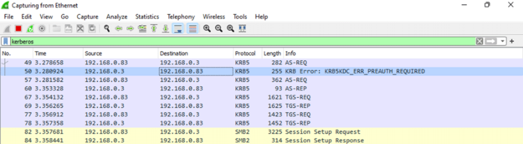 Wireshark capture showing KRB5 AS-REQ Kerberos authentication request to KDC