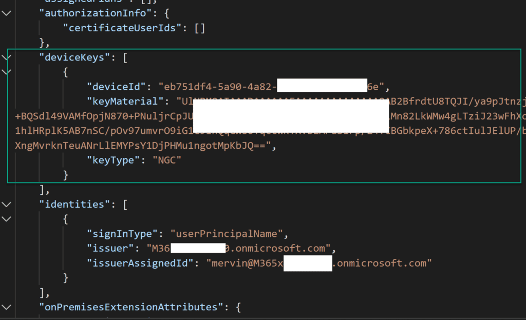 Graph Explorer showing WHfB deviceKeys attribute with NGC data
