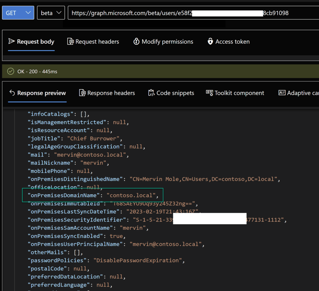 Graph Explorer showing additional WHfB key metadata including key material and usage