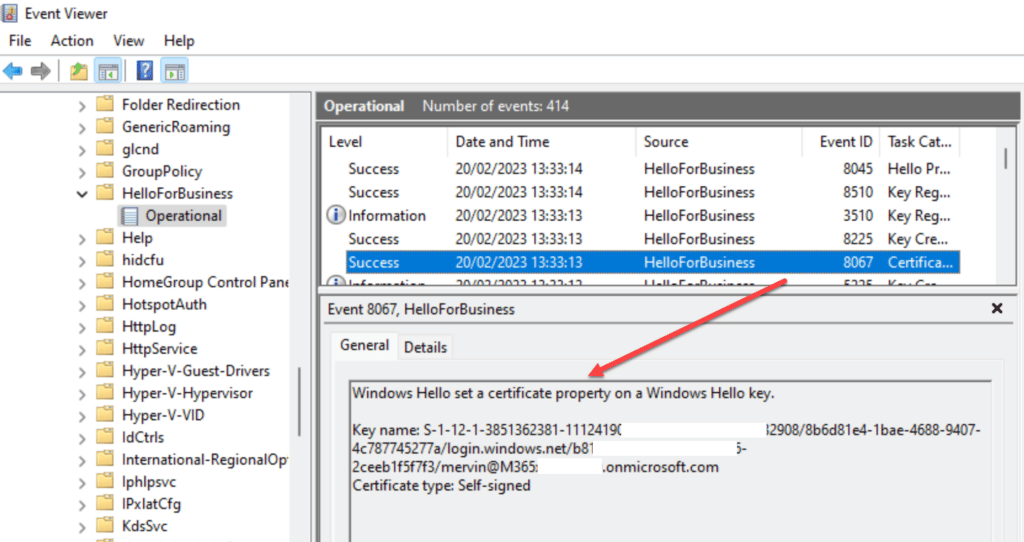 Windows Hello for Business event log showing NGC creation event