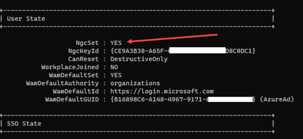 DSREGCMD /status output showing NgcSet YES for a user session