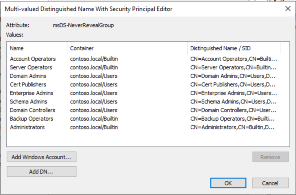 Active Directory Users and Computers showing msDS-NeverRevealGroup property for AzureADKerberos object