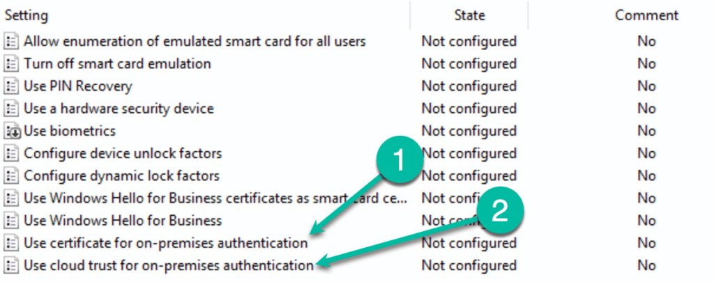 Windows Hello for Business settings GPO showing certificate and cloud trust options