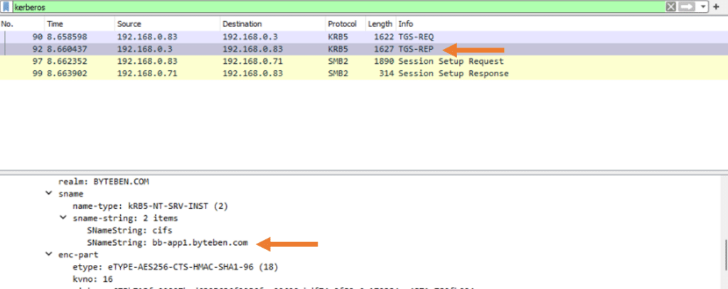 Wireshark capture showing TGS-REP with service ticket issued for bb-app1.byteben.com