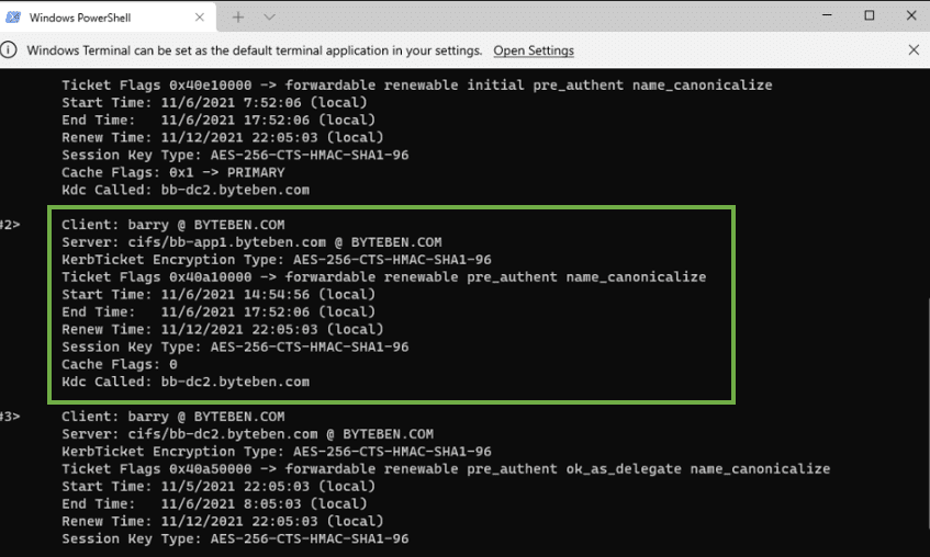 klist output showing CIFS service ticket for bb-app1.byteben.com