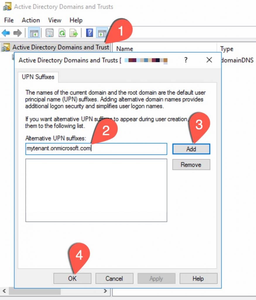 Active Directory Domains and Trusts dialog showing how to add the onmicrosoft.com UPN suffix