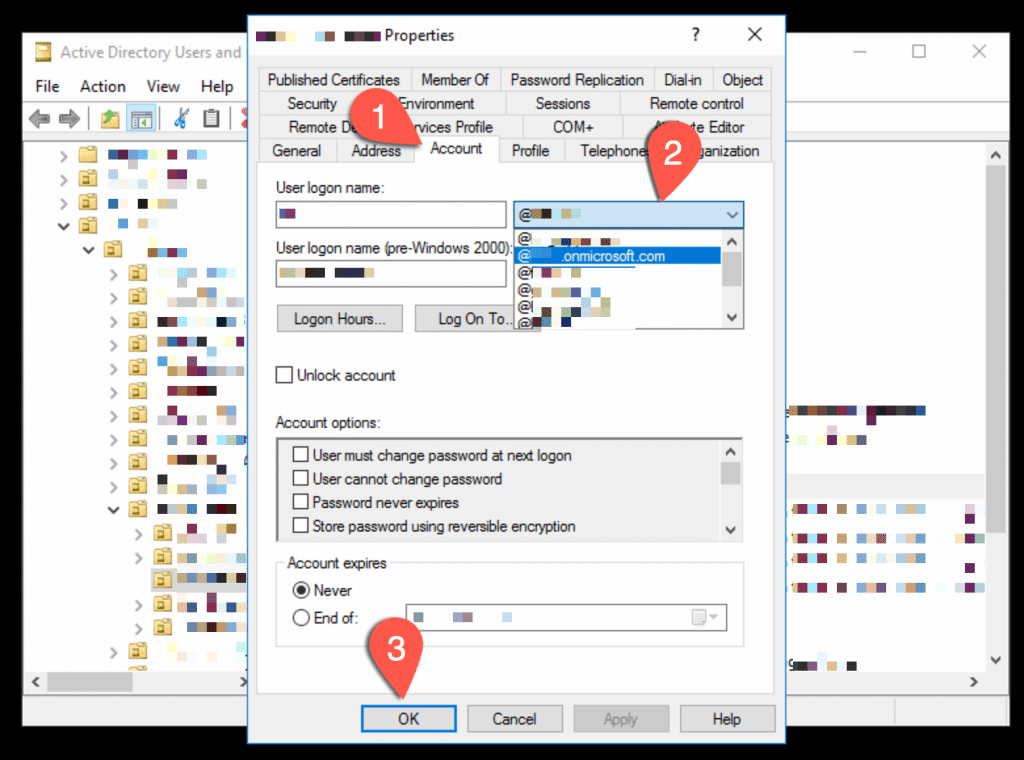 Active Directory Users and Computers showing the Account tab with UPN suffix selection
