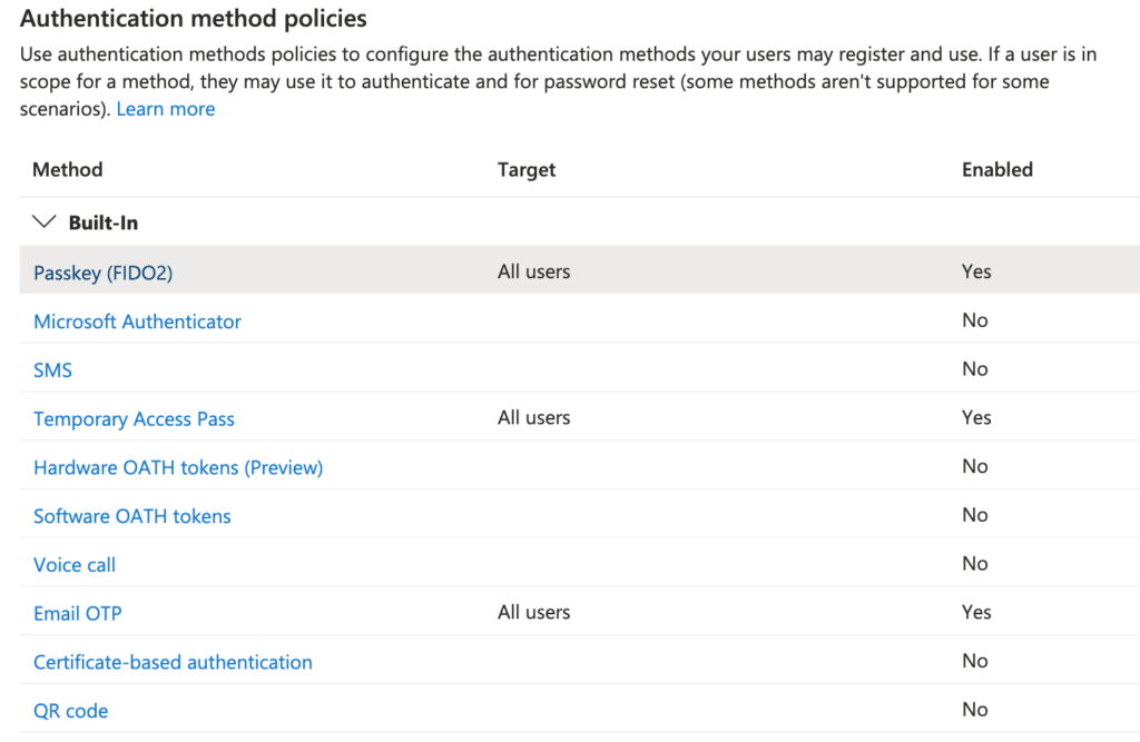 Authentication methods policies blade showing Passkey configuration