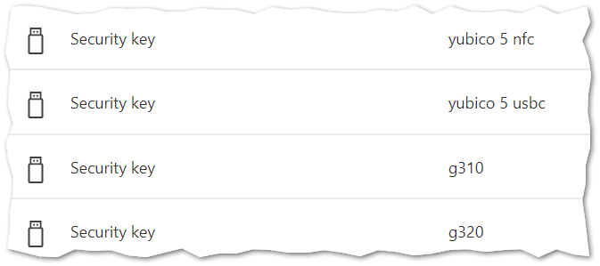 Security key listing on mysignins page
