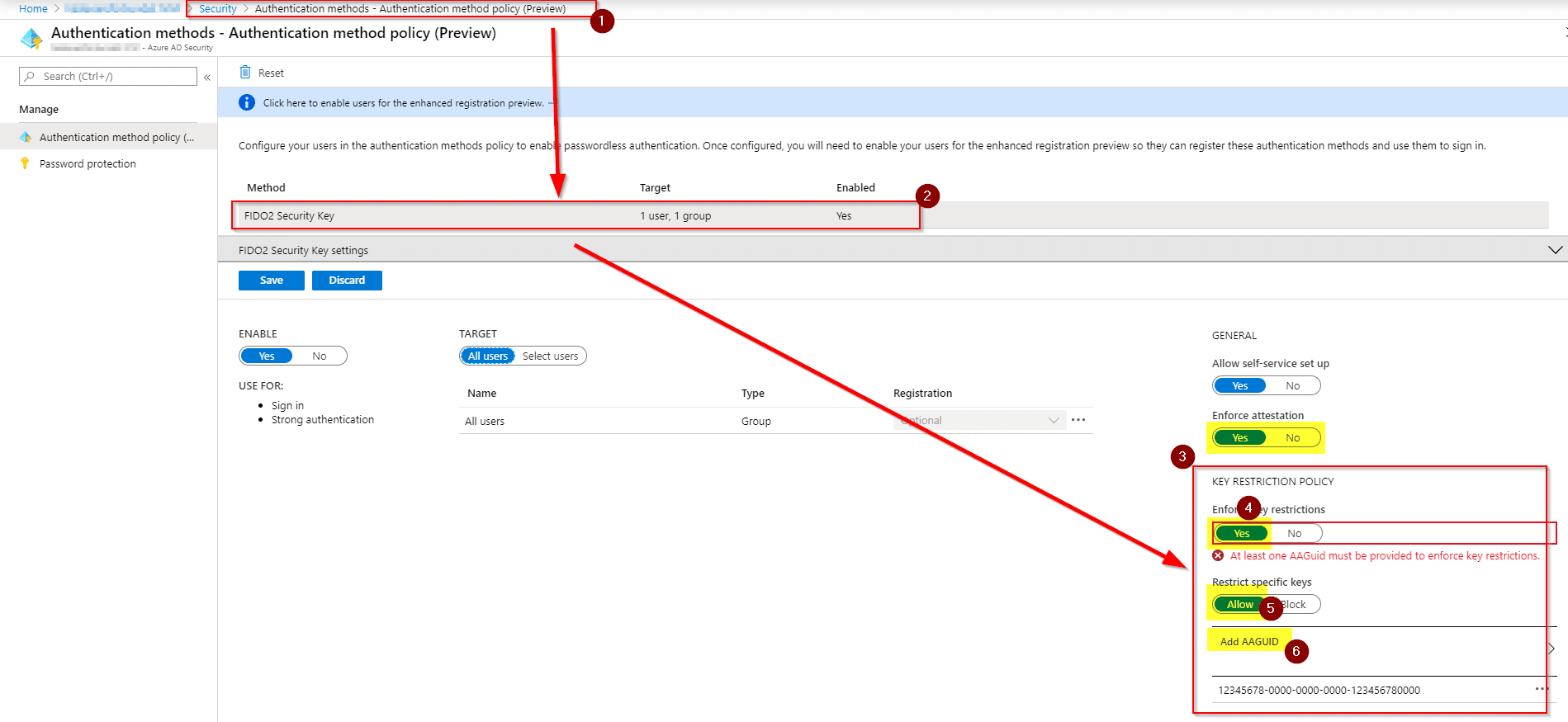 Azure AD FIDO2 key restriction settings