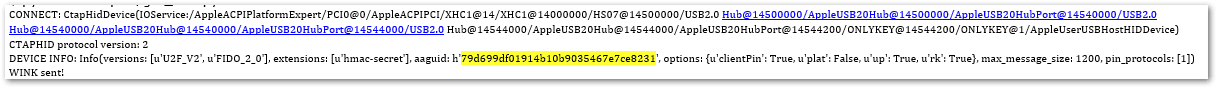 Output from python-fido2 get_info showing AAGUID