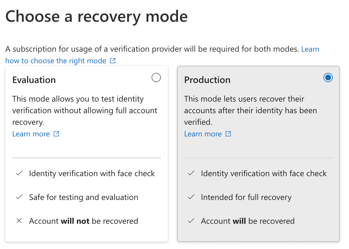 Choose a recovery mode for SSAR - Production selected