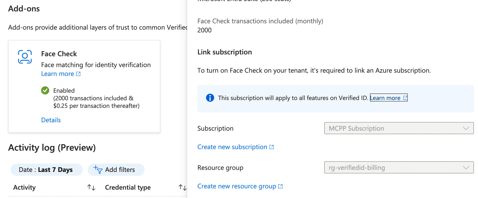 Face Check add-on showing validated Azure subscription