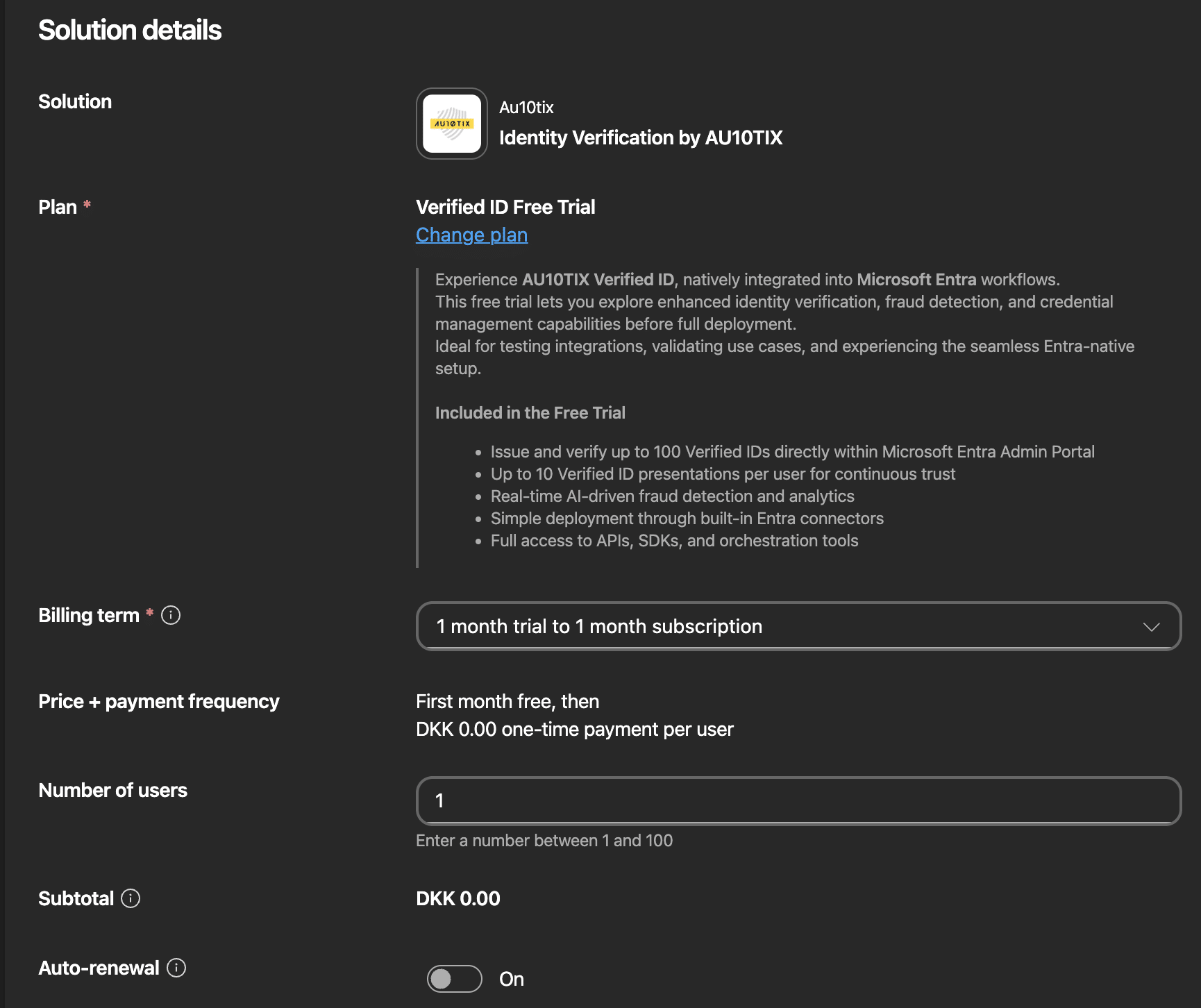 AU10TIX SaaS subscription configuration with free trial selected