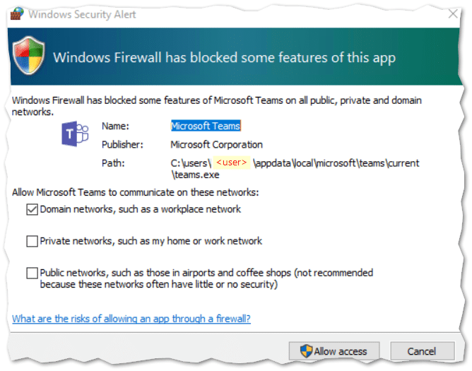 Microsoft Teams Firewall prompt