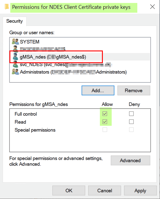 Set private key permissions for gMSA