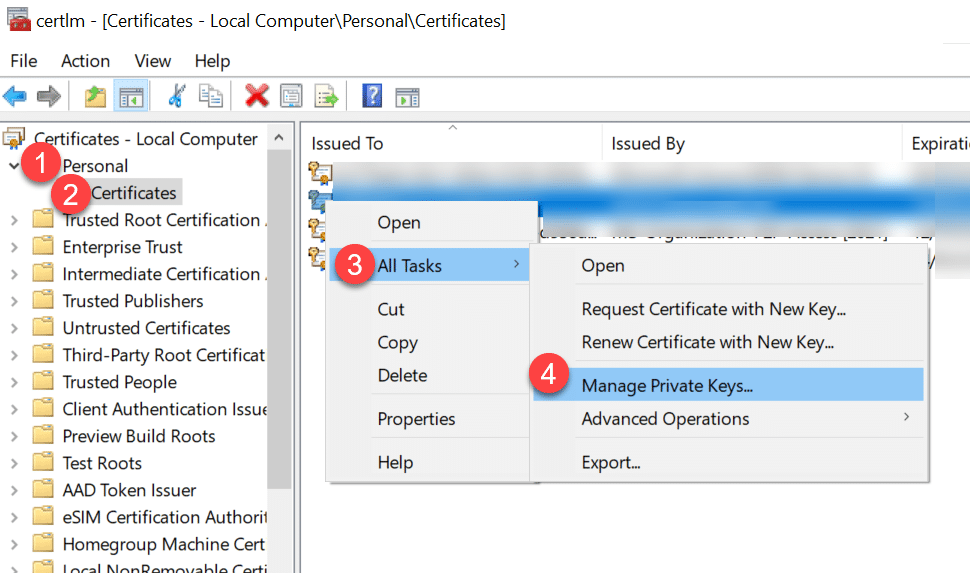 Manage certificate private keys