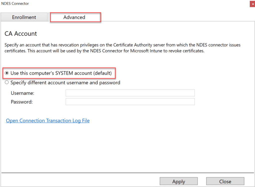 Intune NDES Connector UI configuration