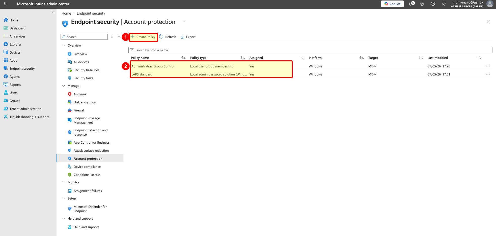 Intune Account protection showing the final local administrators policy and LAPS policy