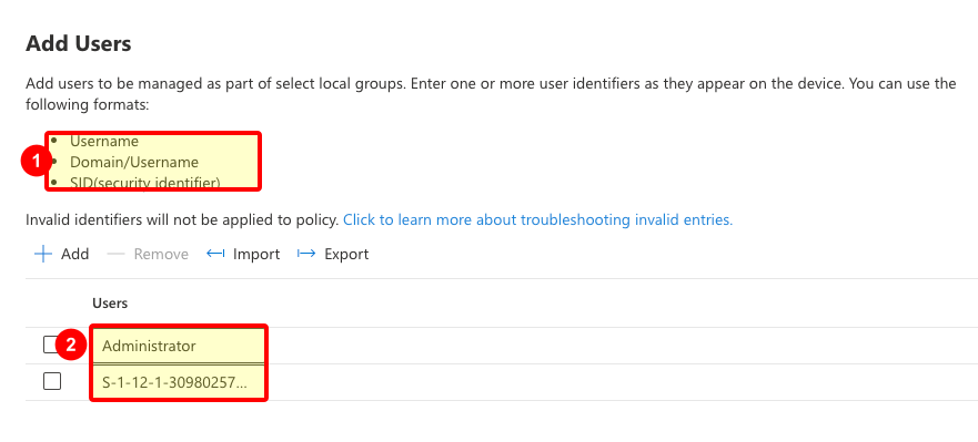 Add Users pane showing supported manual formats and rows for Administrator and Entra SIDs