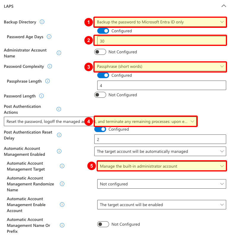 Windows LAPS configuration form showing Entra backup, passphrase settings, post-authentication action, and built-in Administrator management